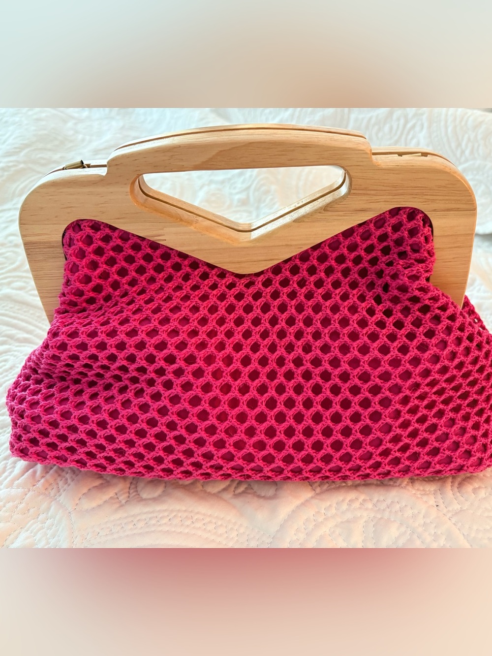 Hot Pink Crochet Knit Clutch with Wooden Handle and Gold chain